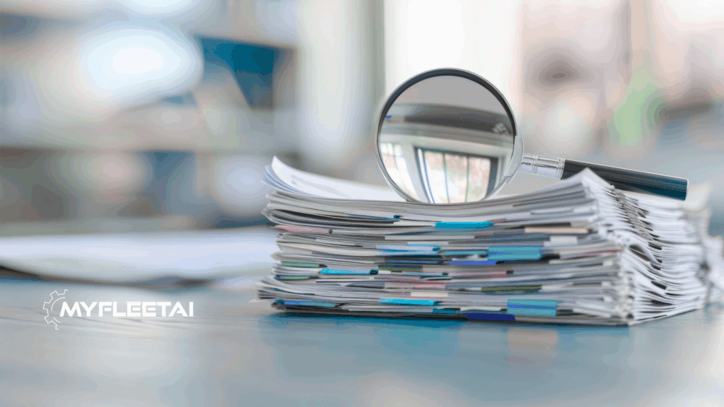 stack of paper with magnifying glass on top